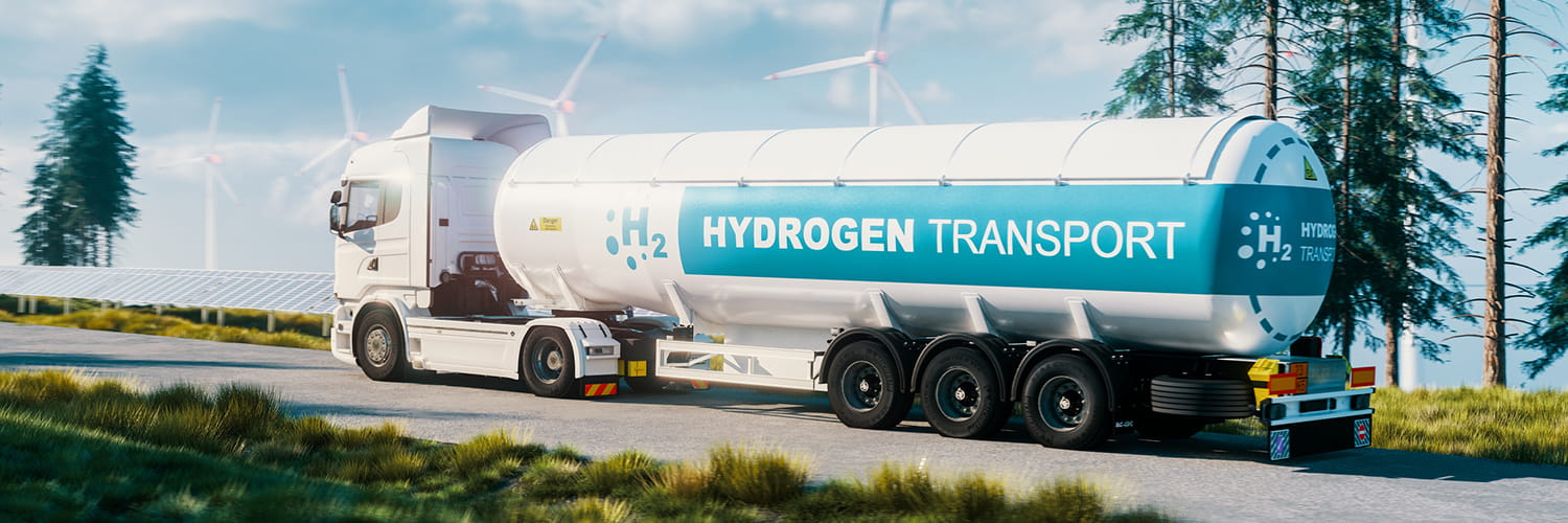 Illustration of a white truck with a Hydrogen tank, driving past wind turbines and solar panels