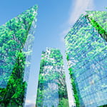 Abstract city skyscrapers covered with green trees.