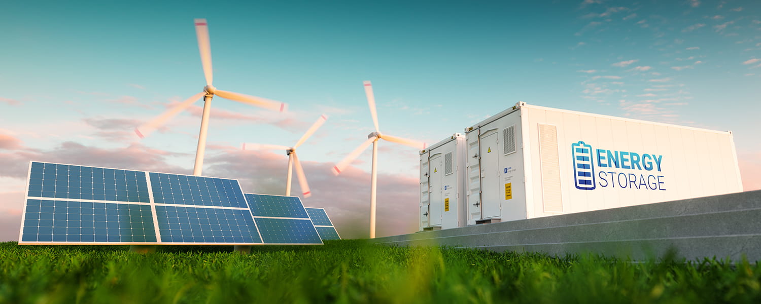 Illustration of solar panels, wind turbines and energy storage containers
