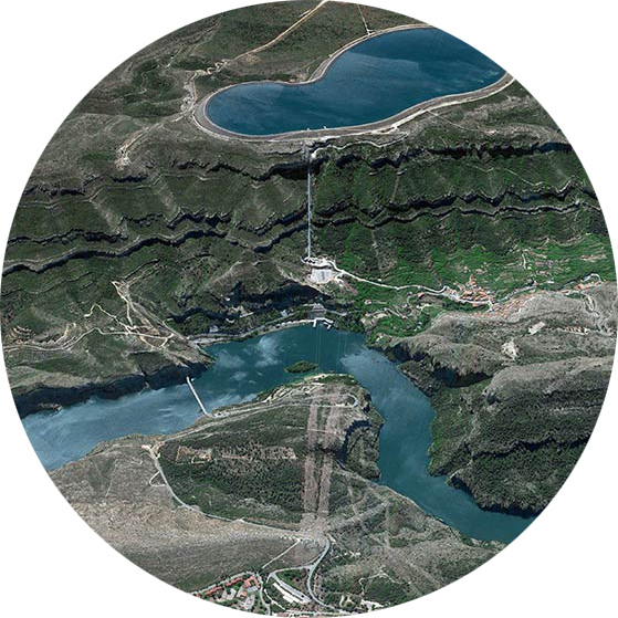 Aerial view of a pumped hydropower plant in Spain.