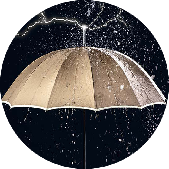 Umbrella with rain falling and illustrative lightning touching the top.