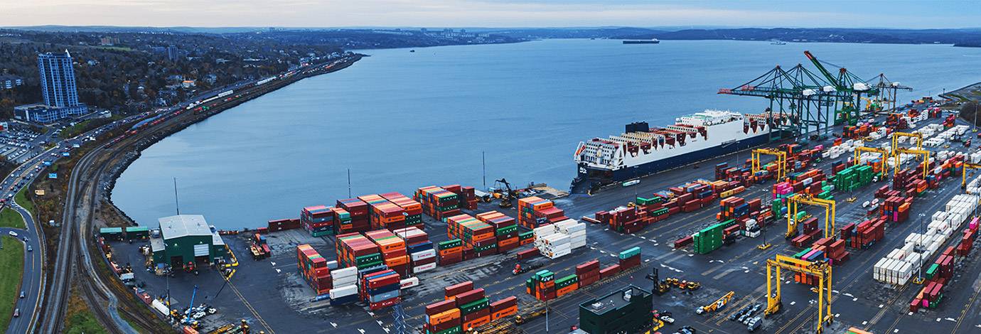 Aerial view of a shipping port.