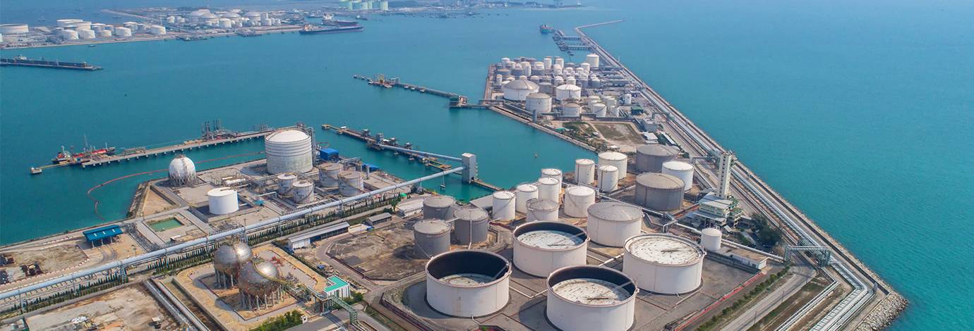 Aerial view of a liquefied natural gas terminal,
