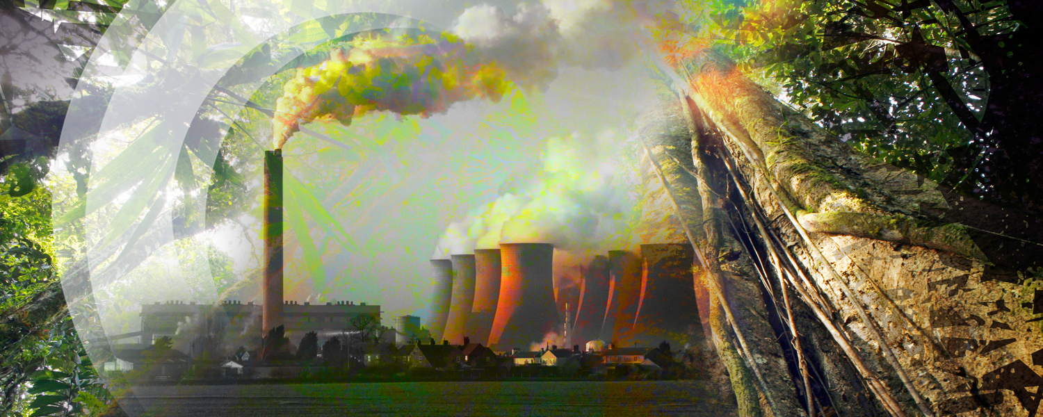 Collage of thermal power plant smoke stacks and a rainforest