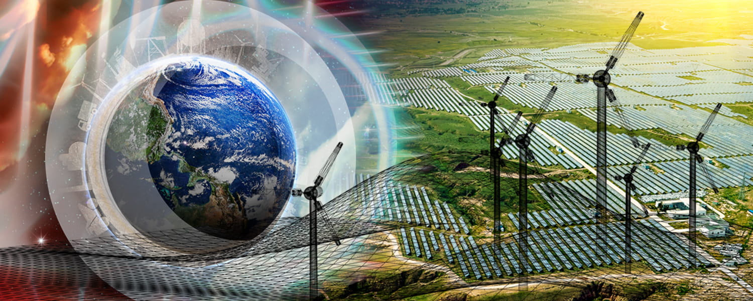 Solar panels, wind turbines and the Earth's globe