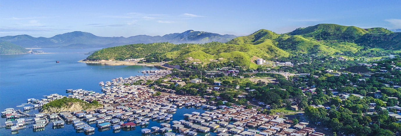 Aerial view of a floating fishing village in Papua New Guinea.