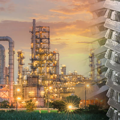 Collage of an oil refinery, the Earth and calcined petcoke stack