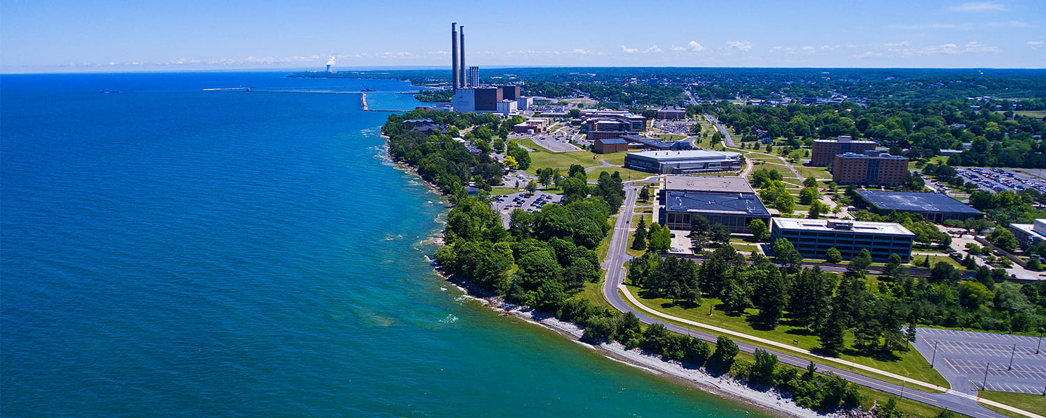 Aerial view of Oswego Harbor, Fort Ontario overlooking Lake Ontario