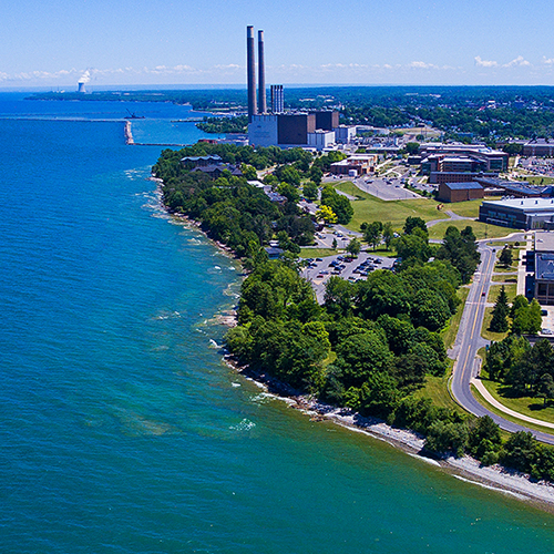 Aerial view of Oswego Harbor, Fort Ontario overlooking Lake Ontario